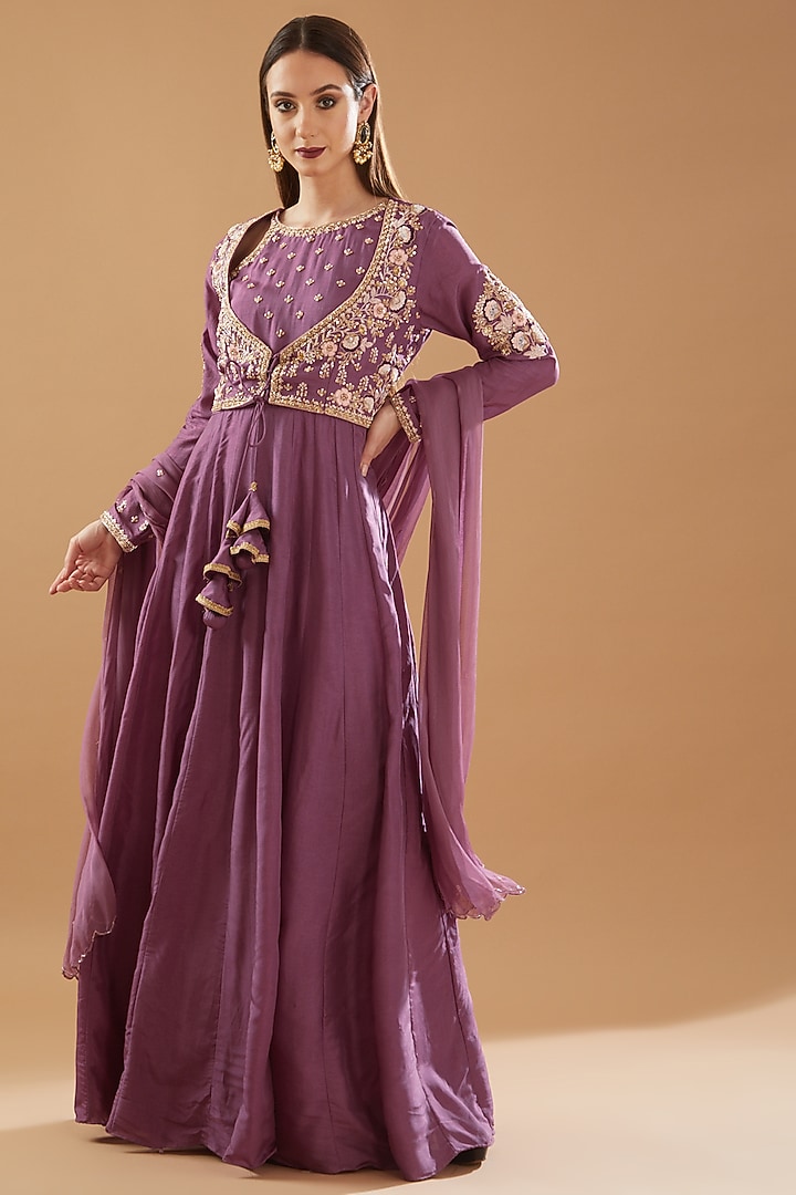Lilac Bemberg Silk Embroidered Party Wear Anarkali Set by Baidehi at Pernia's Pop Up Shop