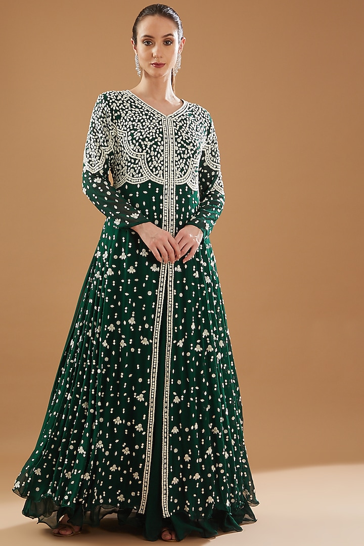 Bottle Green Georgette Embroidered Gown by Baidehi