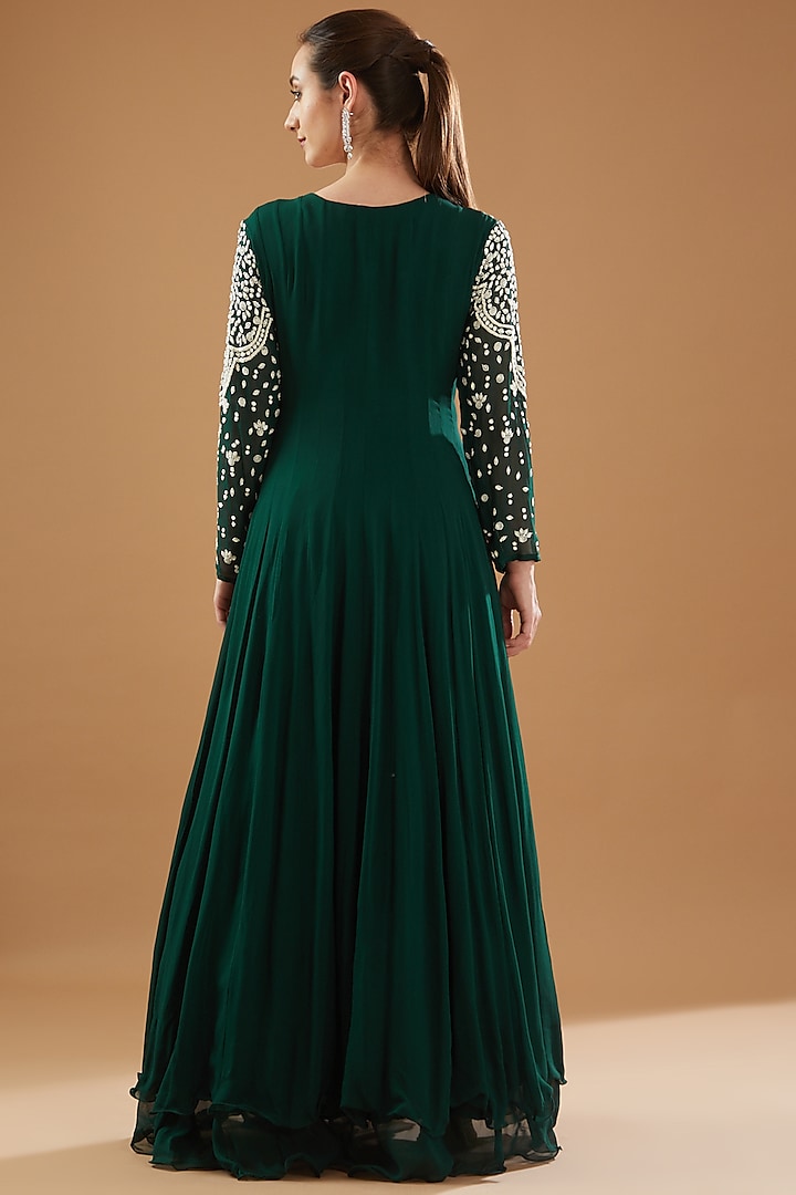 Bottle Green Georgette Embroidered Party Wear Gown by Baidehi at Pernia's Pop Up Shop
