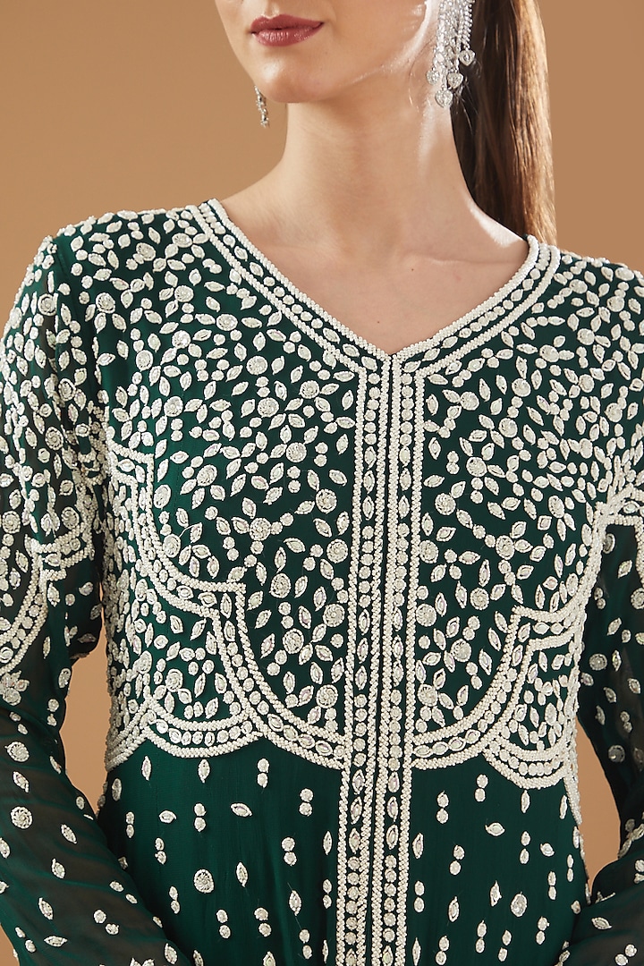 Bottle Green Georgette Embroidered Party Wear Gown by Baidehi at Pernia's Pop Up Shop