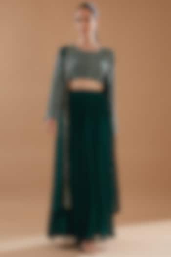 Bottle Green Chinon Georgette Skirt Set by Baidehi at Pernia's Pop Up Shop