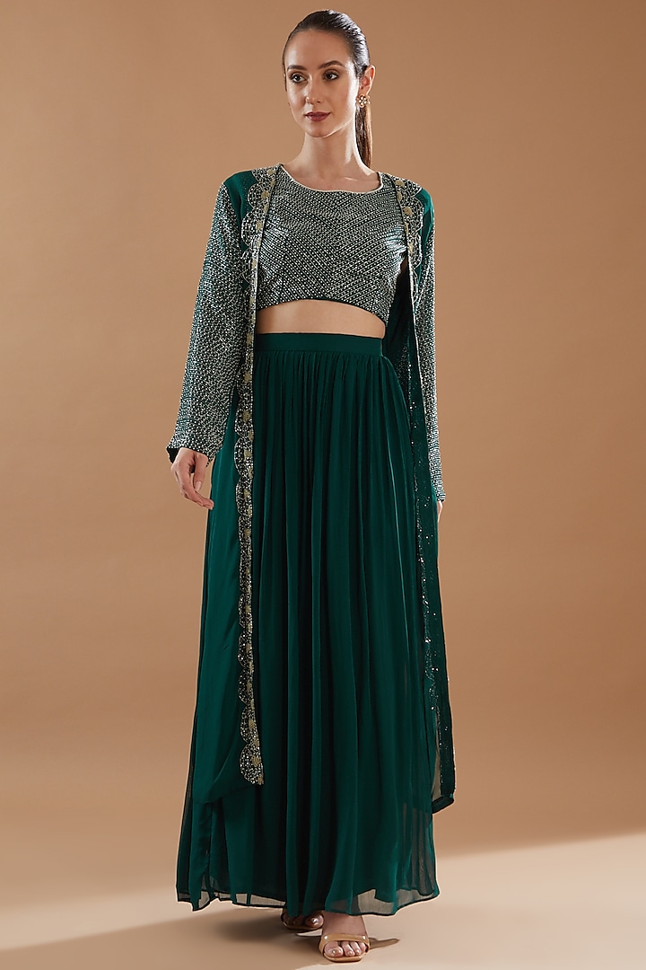 Bottle Green Chinon Georgette Skirt Set by Baidehi