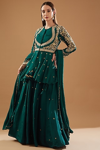 Rama Green Dupion Silk Embroidered Anarkali Set by Baidehi
