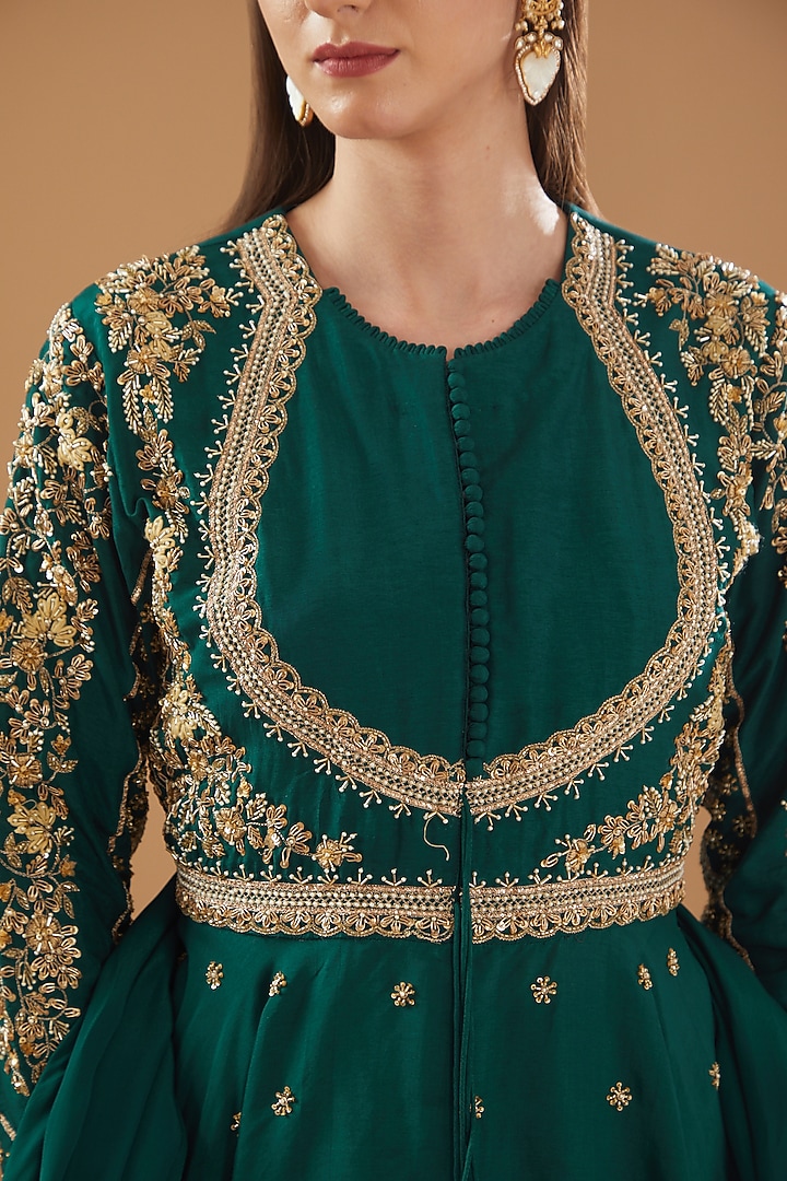 Rama Green Dupion Silk Embroidered Party Wear Anarkali Set by Baidehi at Pernia's Pop Up Shop