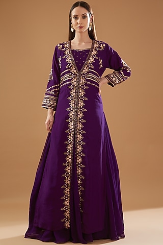 Purple Dupion Silk Embroidered Jacket Set by Baidehi
