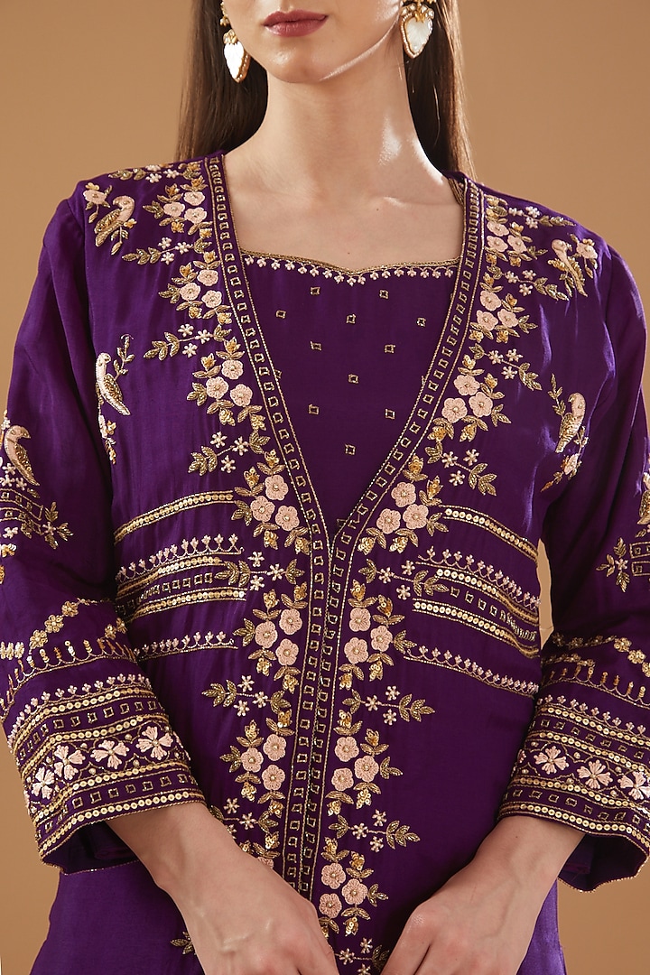 Purple Dupion Silk Embroidered Jacket Set by Baidehi at Pernia's Pop Up Shop