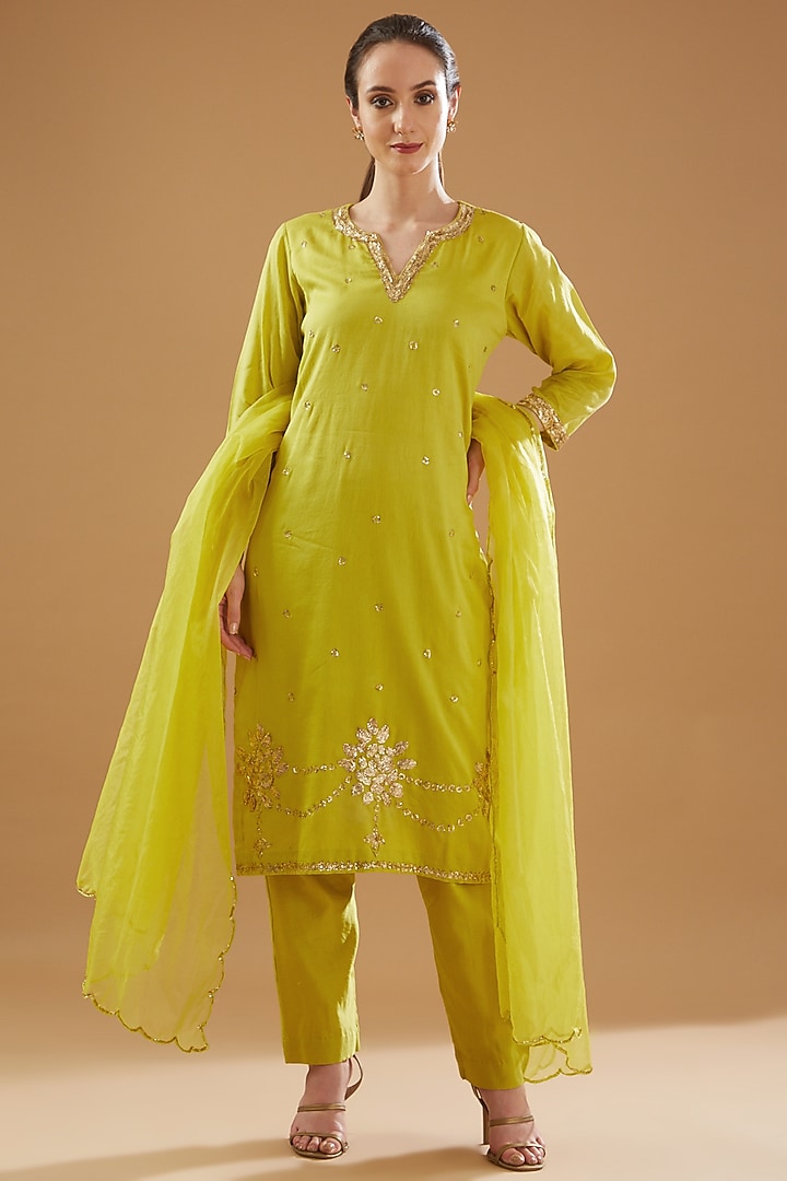 Olive Green Chanderi Embroidered Straight Kurta Set by Baidehi at Pernia's Pop Up Shop