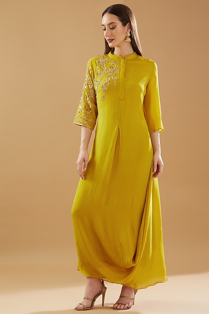 Mustard-Green Chinon Georgette Embroidered Draped Dress by Baidehi at Pernia's Pop Up Shop