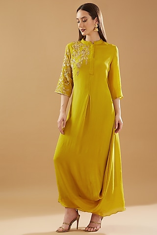 Mustard-Green Chinon Georgette Embroidered Draped Dress by Baidehi