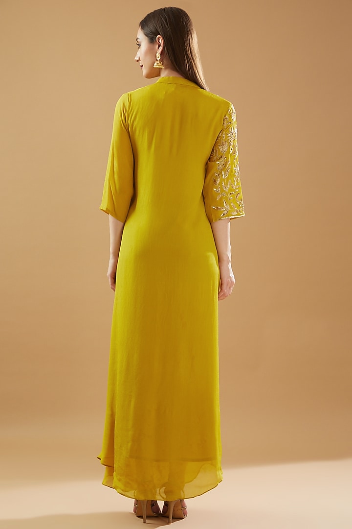 Mustard-Green Chinon Georgette Embroidered Draped Summer Dress by Baidehi at Pernia's Pop Up Shop