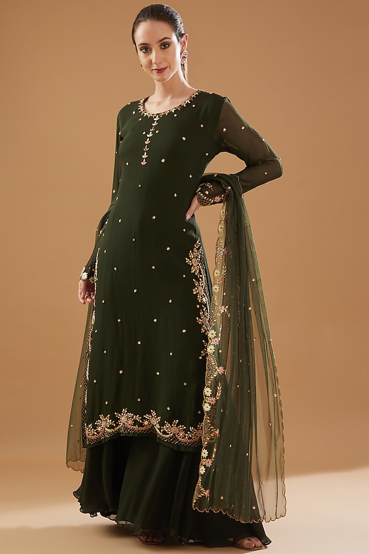 Mehendi Green Georgette Sharara Set by Baidehi