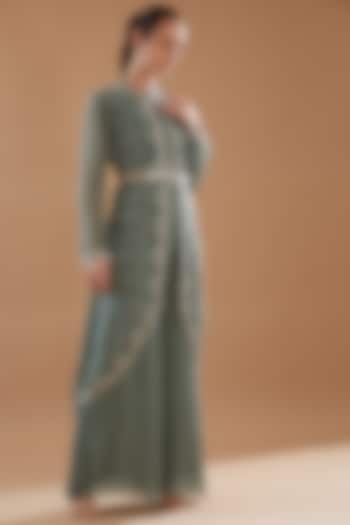 Moss Green Organza Embroidered Cape Set by Baidehi at Pernia's Pop Up Shop