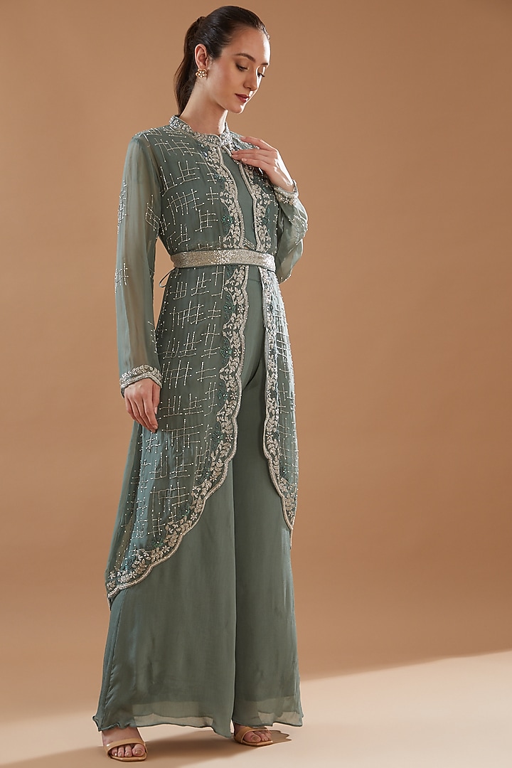 Moss Green Organza Embroidered Cape Set by Baidehi at Pernia's Pop Up Shop