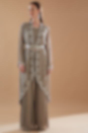 Grey Organza Embroidered Cape Set by Baidehi at Pernia's Pop Up Shop