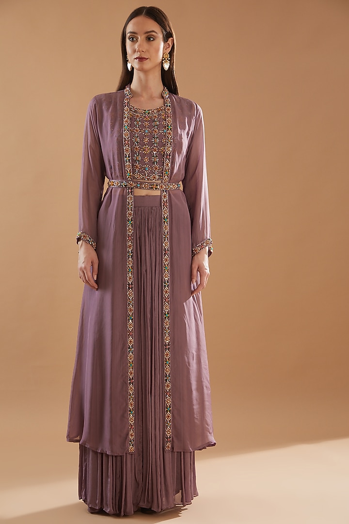 Deep Lilac Organza Embroidered Jacket Set by Baidehi at Pernia's Pop Up Shop