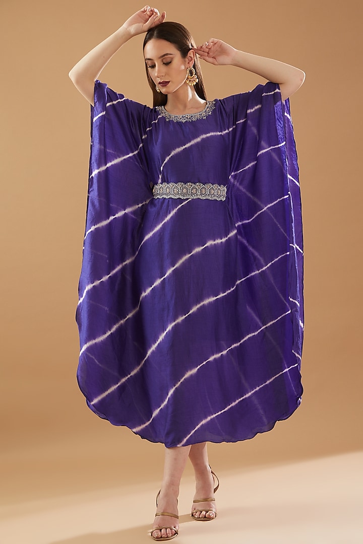 Purple Bemberg Silk Embroidered Leheriya Kaftan by Baidehi