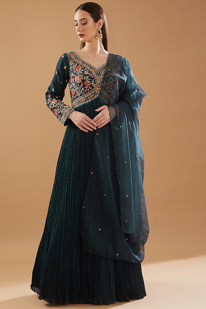 Teal Blue Chinon Georgette Embroidered Anarkali Set by Baidehi