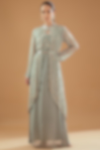 Water Grey Organza Embroidered Jacket Set by Baidehi at Pernia's Pop Up Shop