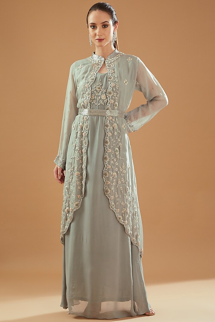 Water Grey Organza Embroidered Jacket Set by Baidehi at Pernia's Pop Up Shop