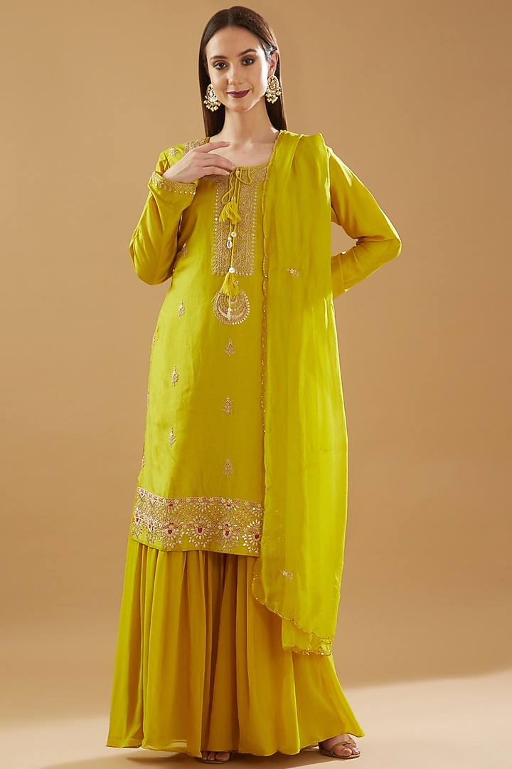 Mustard Georgette Party Wear Sharara Set by Baidehi at Pernia's Pop Up Shop