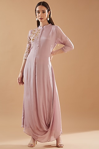 Lilac Georgette Embroidered Draped Dress by Baidehi