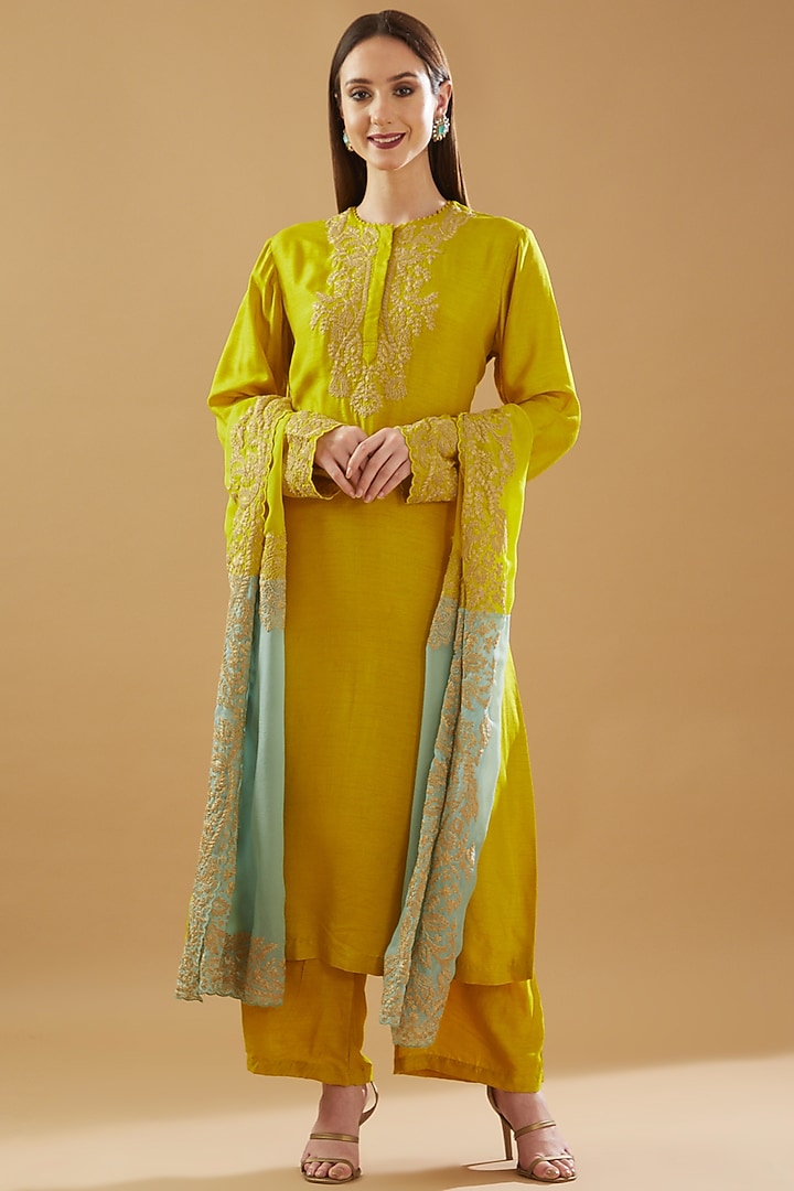 Mustard Dupion Silk Embroidered Kurta Set by Baidehi at Pernia's Pop Up Shop
