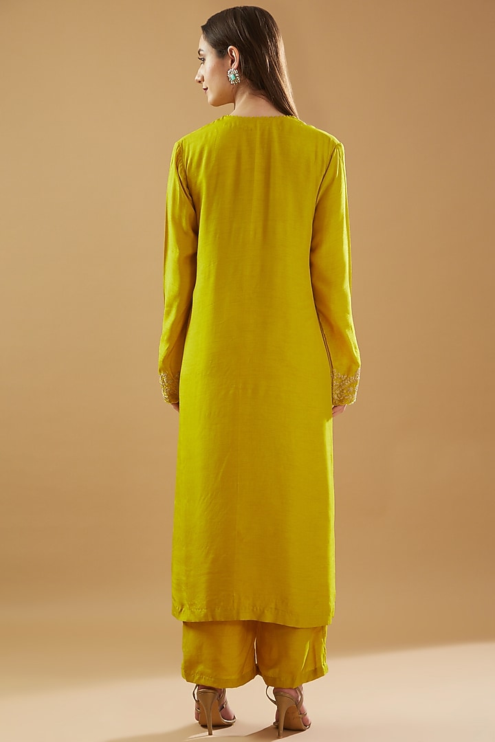 Mustard Dupion Silk Embroidered Kurta Set by Baidehi at Pernia's Pop Up Shop