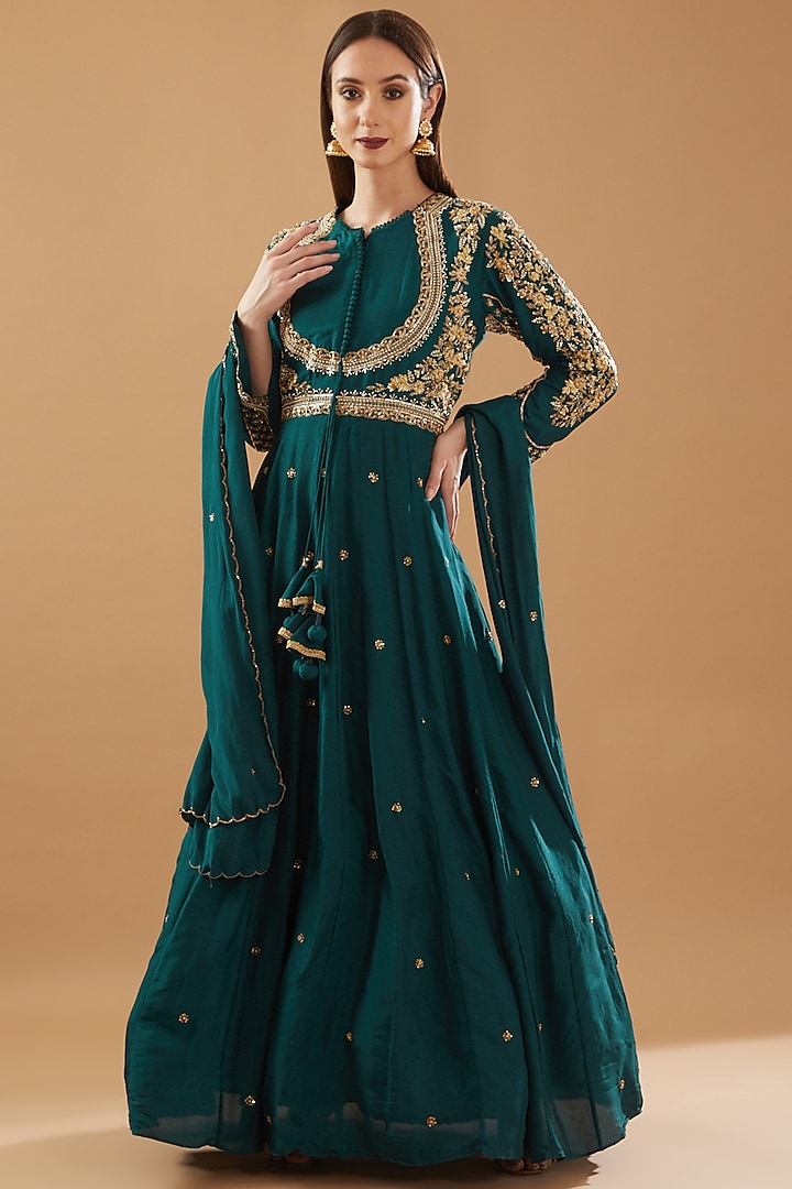 Rama Green Dupion Silk Embroidered Anarkali Set by Baidehi