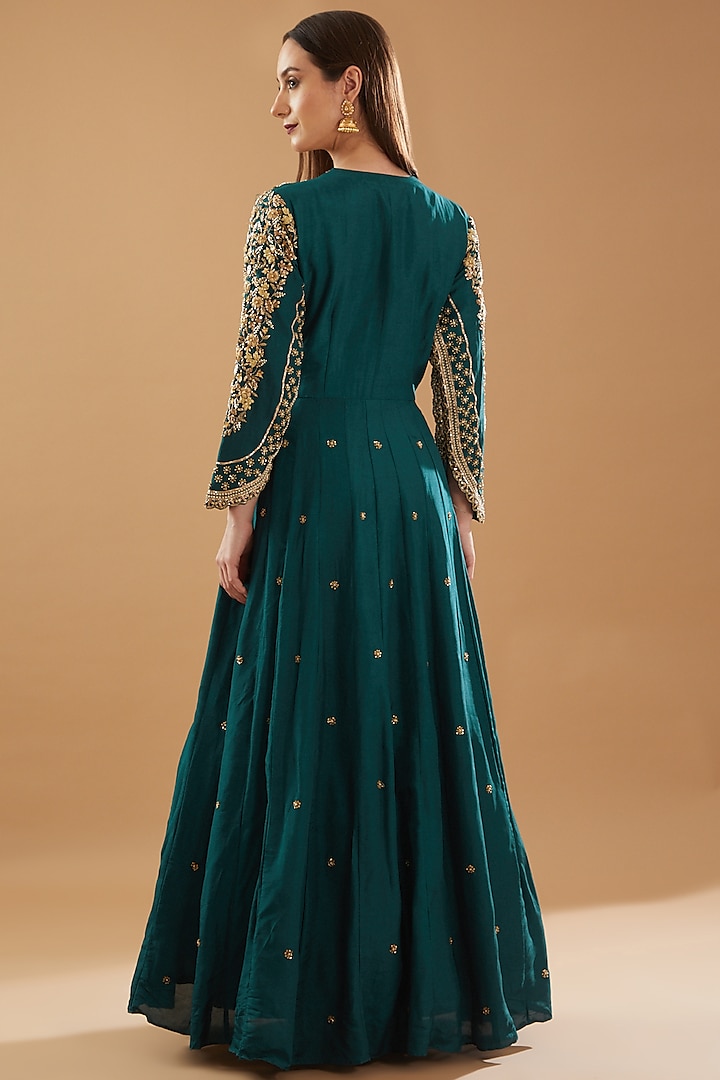 Rama Green Dupion Silk Embroidered Party Wear Anarkali Set by Baidehi at Pernia's Pop Up Shop