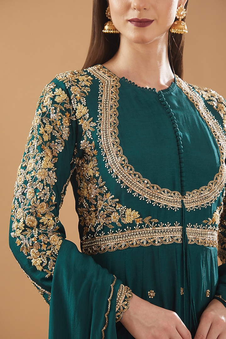 Rama Green Dupion Silk Embroidered Party Wear Anarkali Set by Baidehi at Pernia's Pop Up Shop