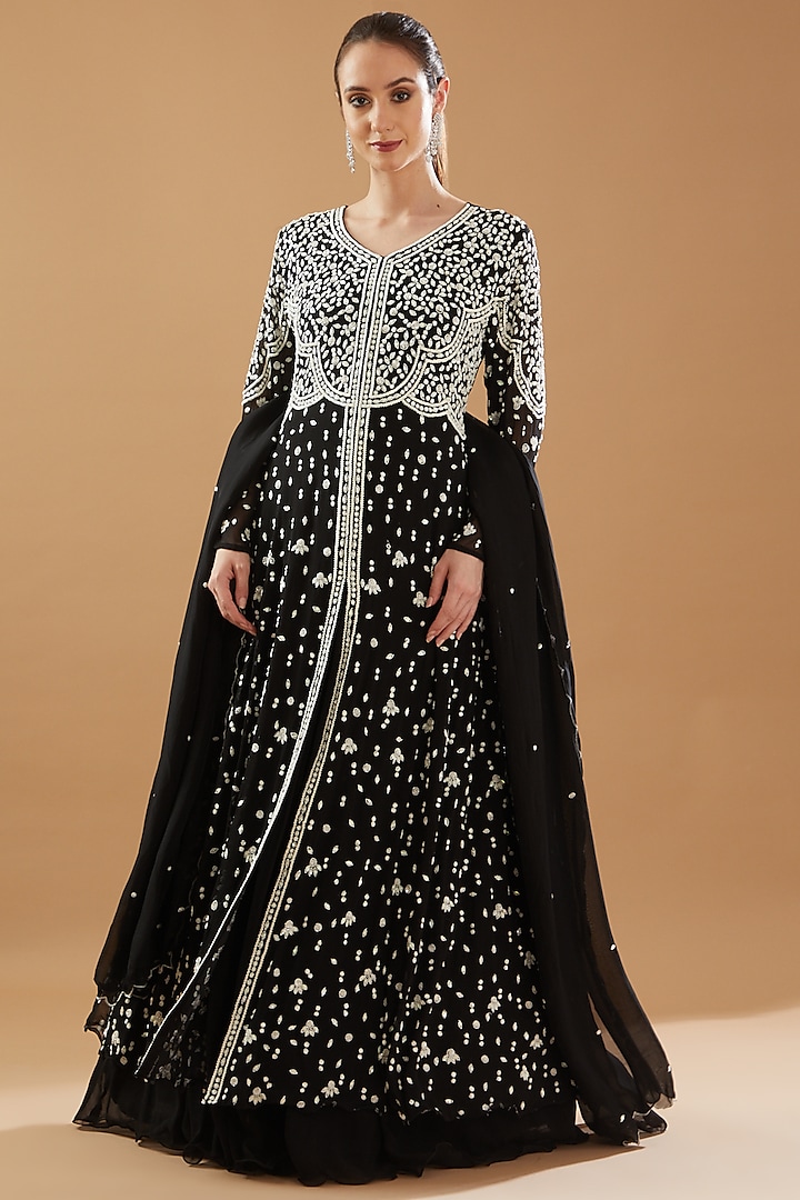 Black Georgette Embellished Gown With Dupatta by Baidehi
