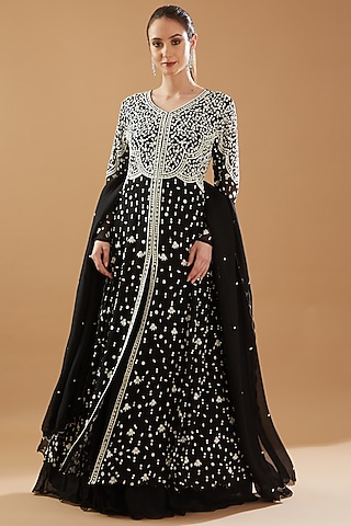Black Georgette Embellished Gown With Dupatta by Baidehi