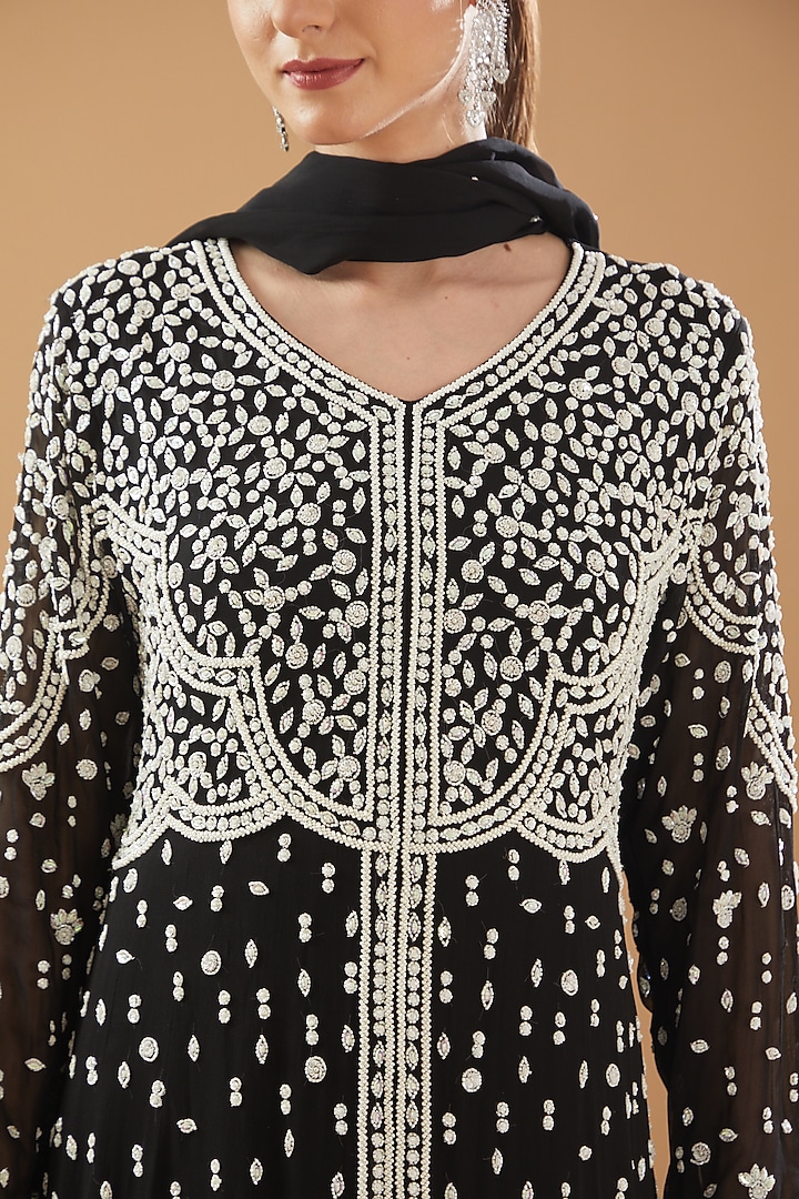 Black Georgette Embellished Party Wear Gown With Dupatta by Baidehi at Pernia's Pop Up Shop