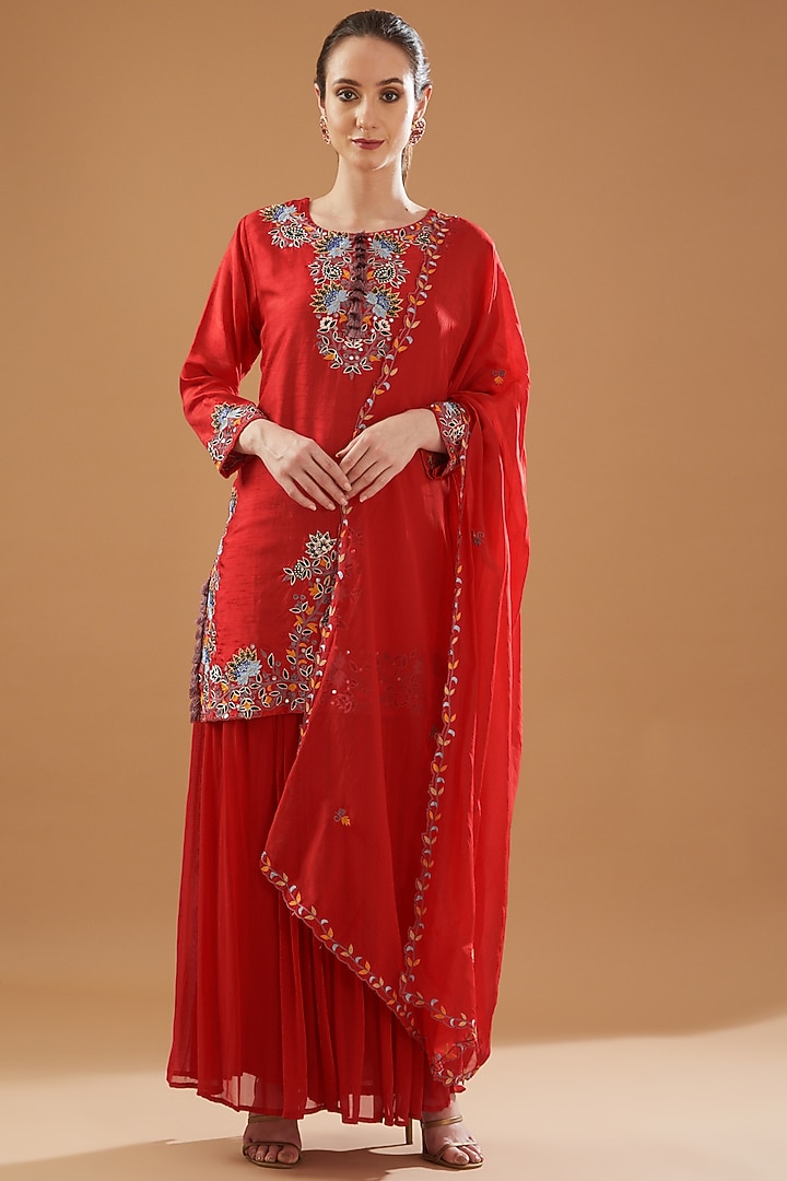 Red Georgette Party Wear Sharara Set by Baidehi at Pernia's Pop Up Shop