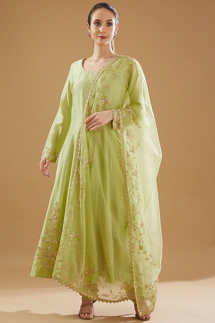 Lime Green Chanderi Silk Embroidered Anarkali Set by Baidehi