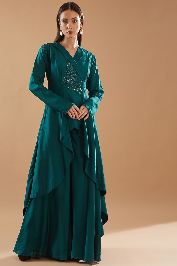 Bottle Green Bemberg Silk Pant Set by Baidehi at Pernia's Pop Up Shop