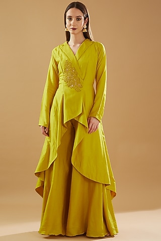 Mustard Bemberg Silk Embroidered Tunic Set by Baidehi