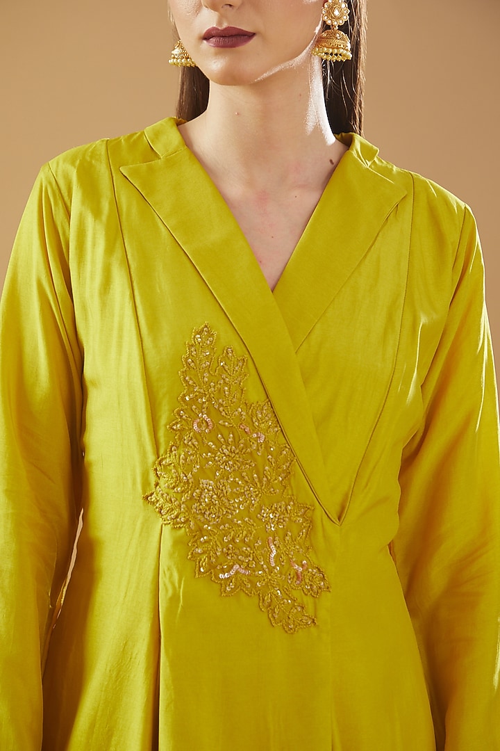 Mustard Bemberg Silk Embroidered Tunic Set by Baidehi at Pernia's Pop Up Shop