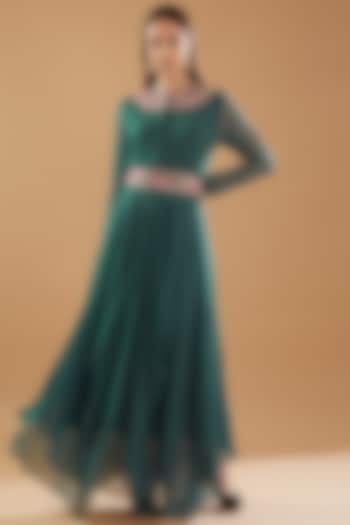 Green Georgette Zardosi Embroidered Gown With Belt by Baidehi