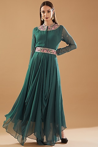 Green Georgette Zardosi Embroidered Gown With Belt by Baidehi