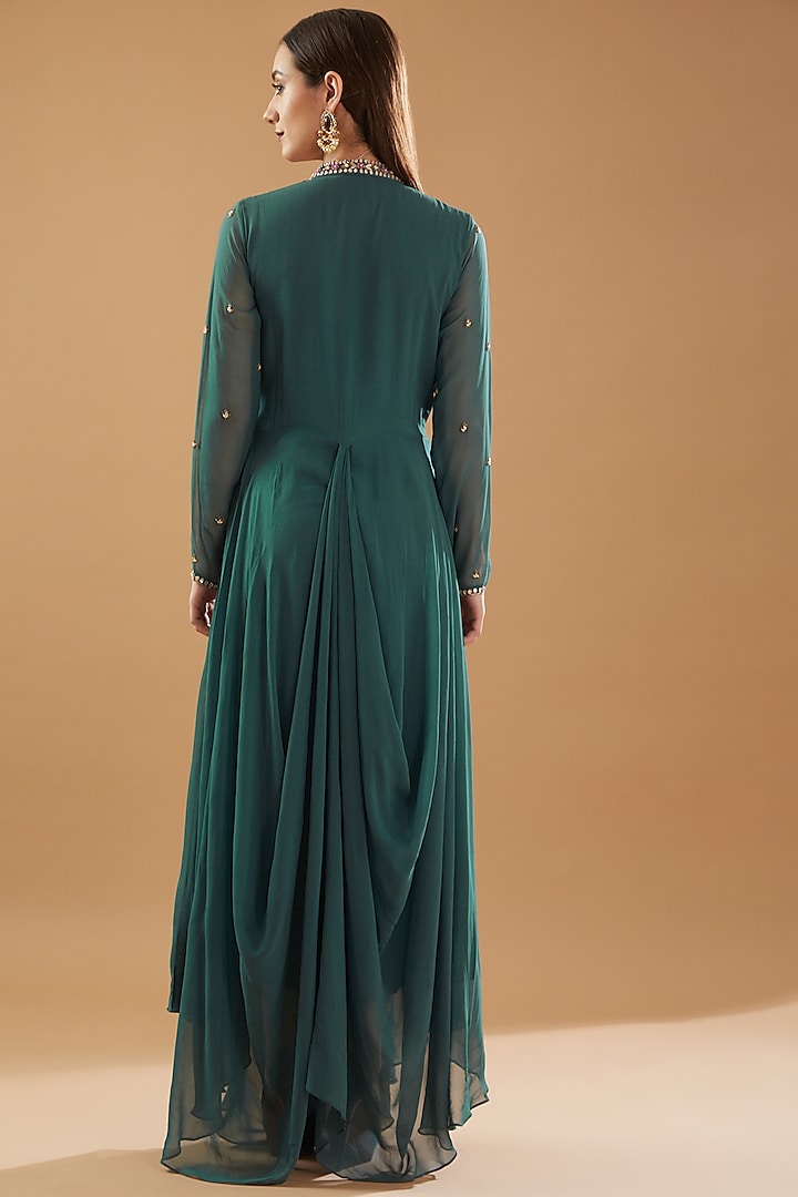 Green Georgette Zardosi Embroidered Party Wear Gown With Belt by Baidehi at Pernia's Pop Up Shop