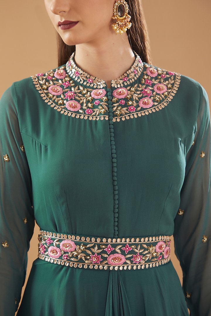 Green Georgette Zardosi Embroidered Party Wear Gown With Belt by Baidehi at Pernia's Pop Up Shop