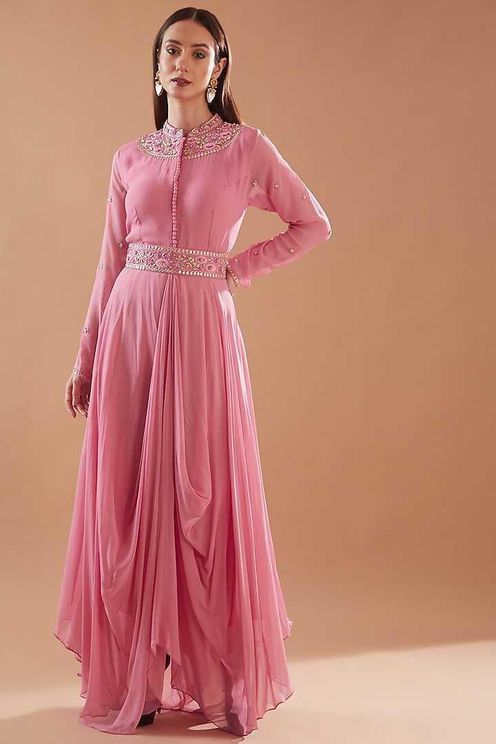 Pink Georgette Embroidered Gown by Baidehi