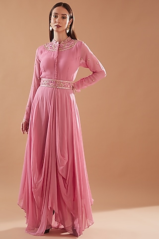 Pink Georgette Embroidered Gown by Baidehi