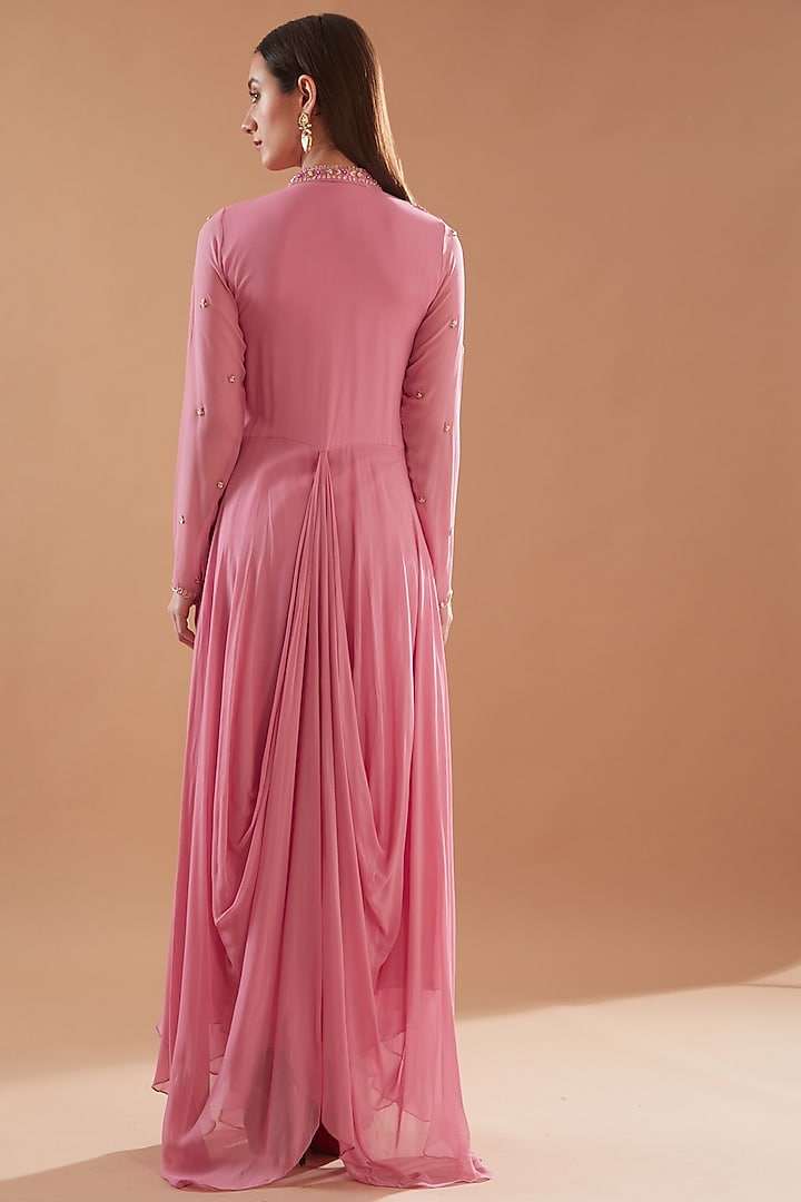 Pink Georgette Embroidered Party Wear Gown by Baidehi at Pernia's Pop Up Shop