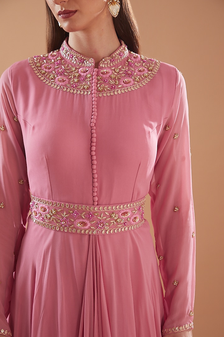 Pink Georgette Embroidered Party Wear Gown by Baidehi at Pernia's Pop Up Shop