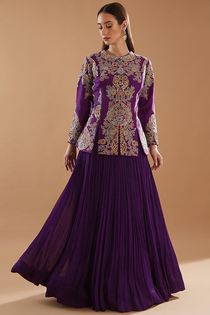 Purple Chinon Georgette Skirt Set by Baidehi