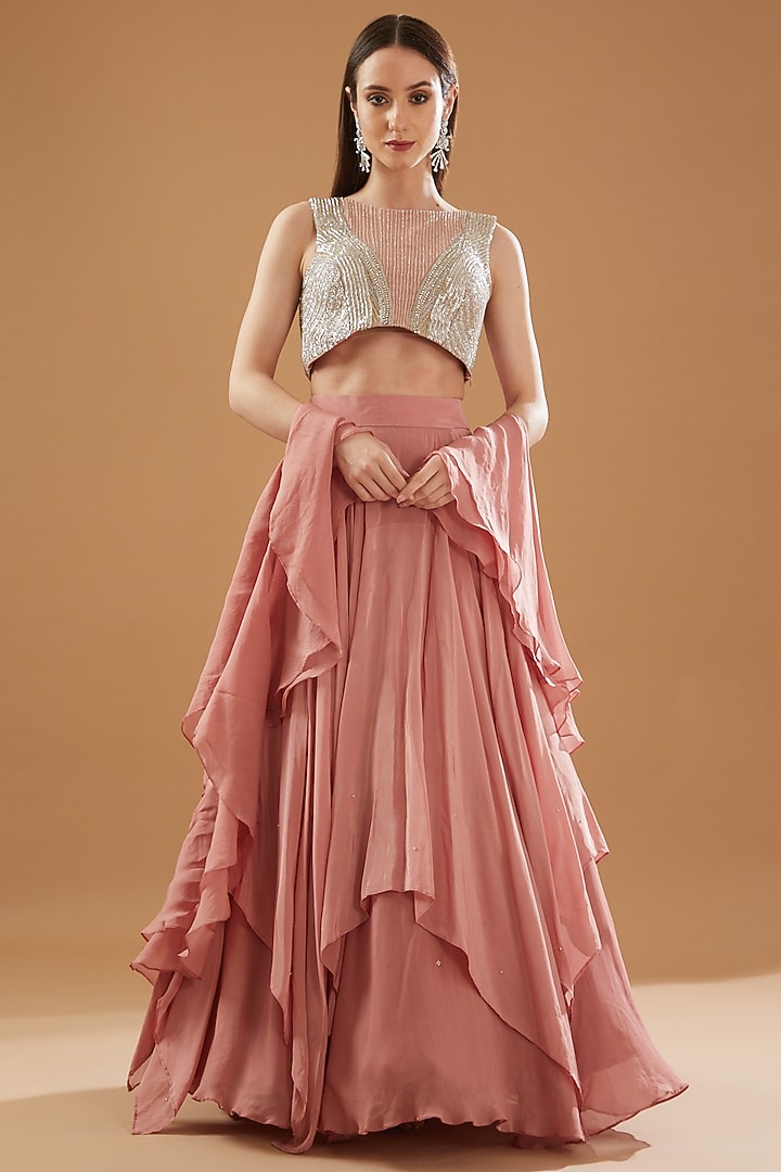 Onion Pink Crepe Wedding Lehenga Set by Baidehi at Pernia's Pop Up Shop