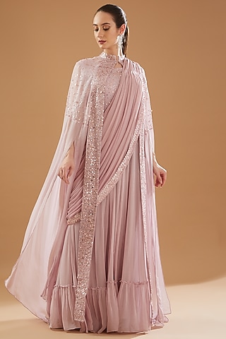 Lilac Georgette Draped Gown Saree by Baidehi