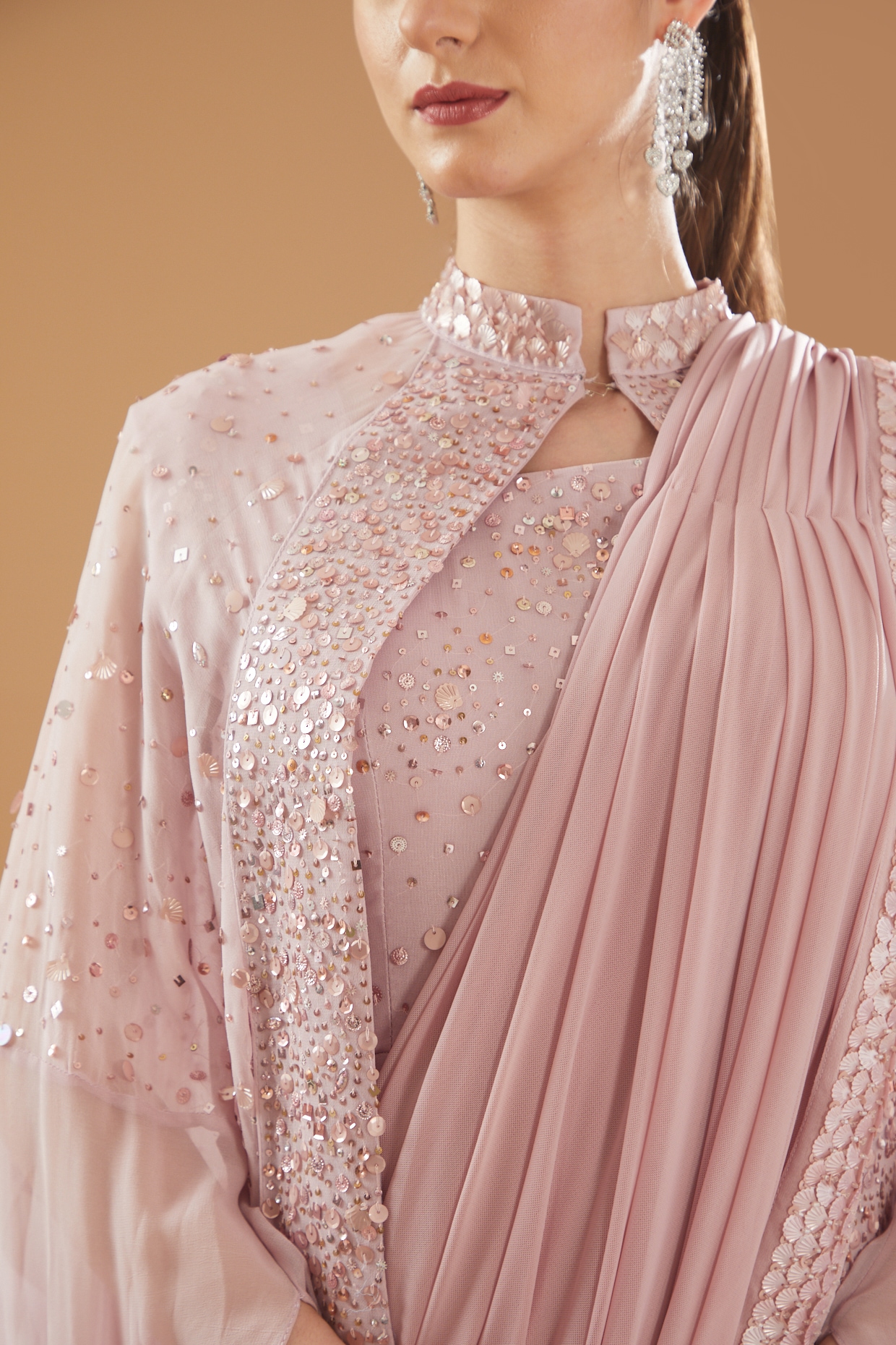 Light Pink Georgette Draped Saree Gown – Amit GT Couture